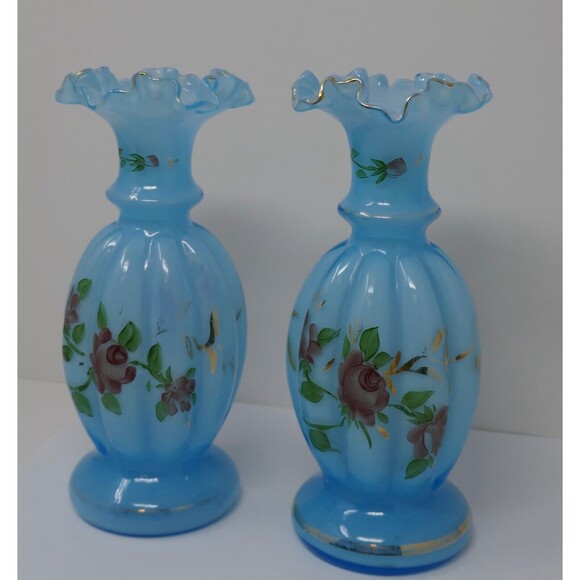 Fenton Melon Hand Painted Floral Blue Glass Vases Gold Trim - Picture 3 of 13